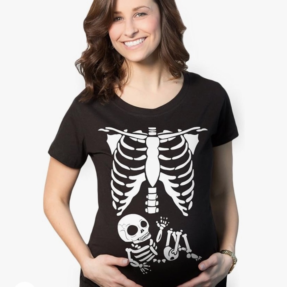 Maternity Medium Black Ruched Halloween Skeleton Baby Pregnancy T Shirt